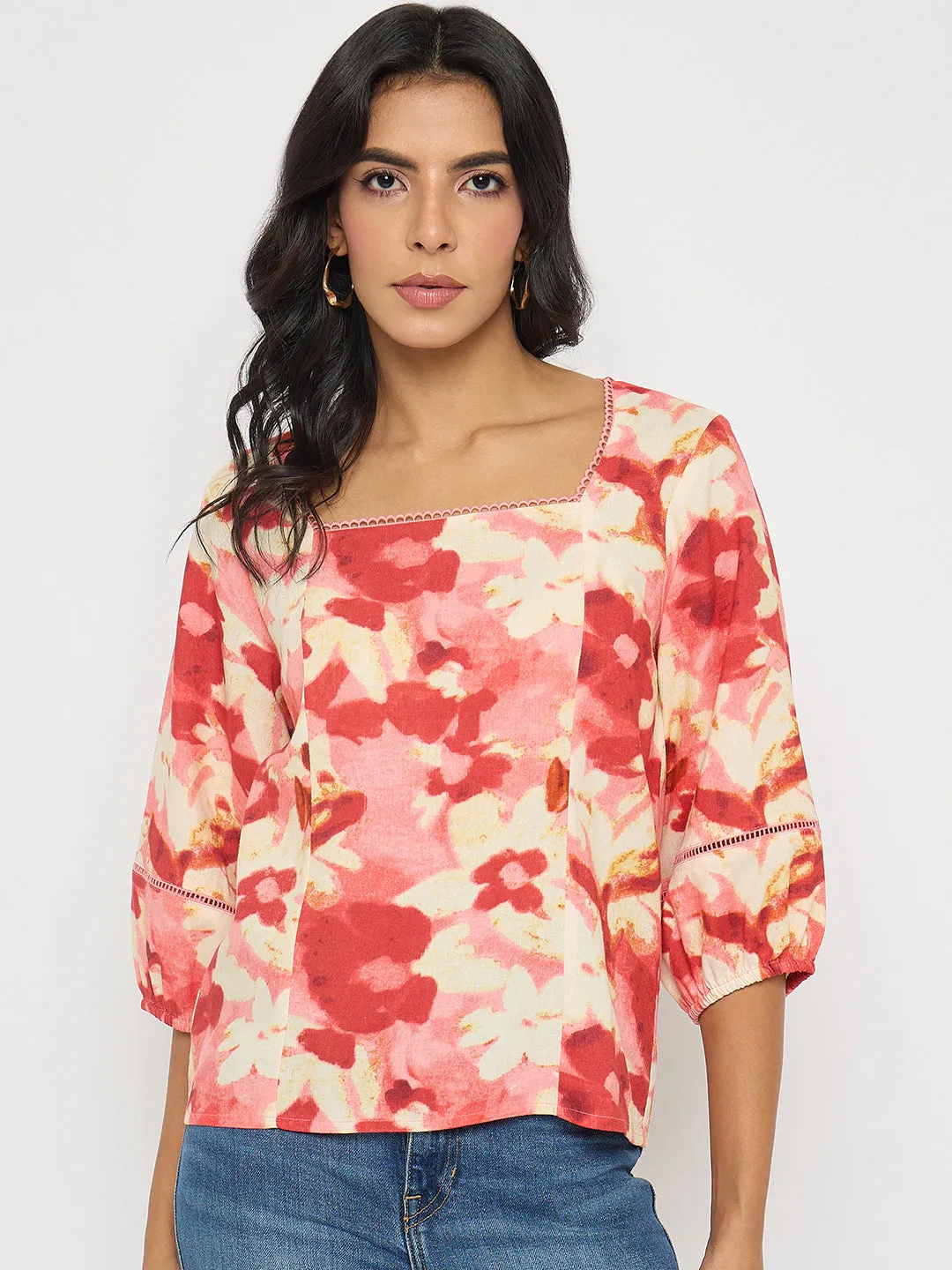 Madame Floral Print Square Neck Coral Top OdorResistantClothing BreathableLining