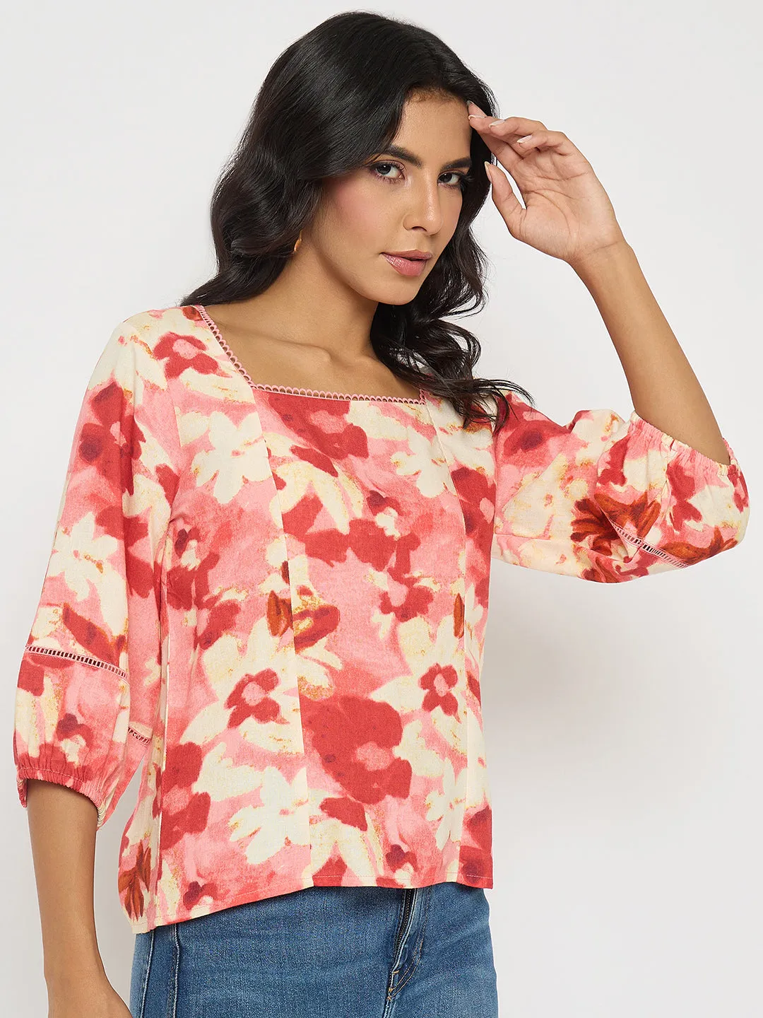 Madame Floral Print Square Neck Coral Top Summer Style