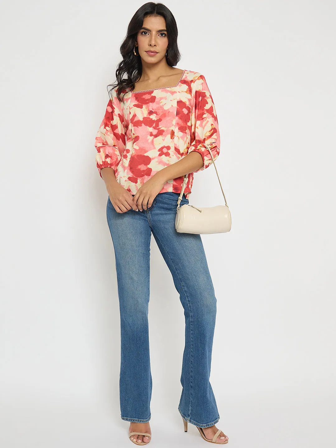 Madame Floral Print Square Neck Coral Top Star Fit Soft Inner Lining
