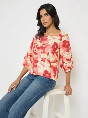 Madame Floral Print Square Neck Coral Top GridTexture