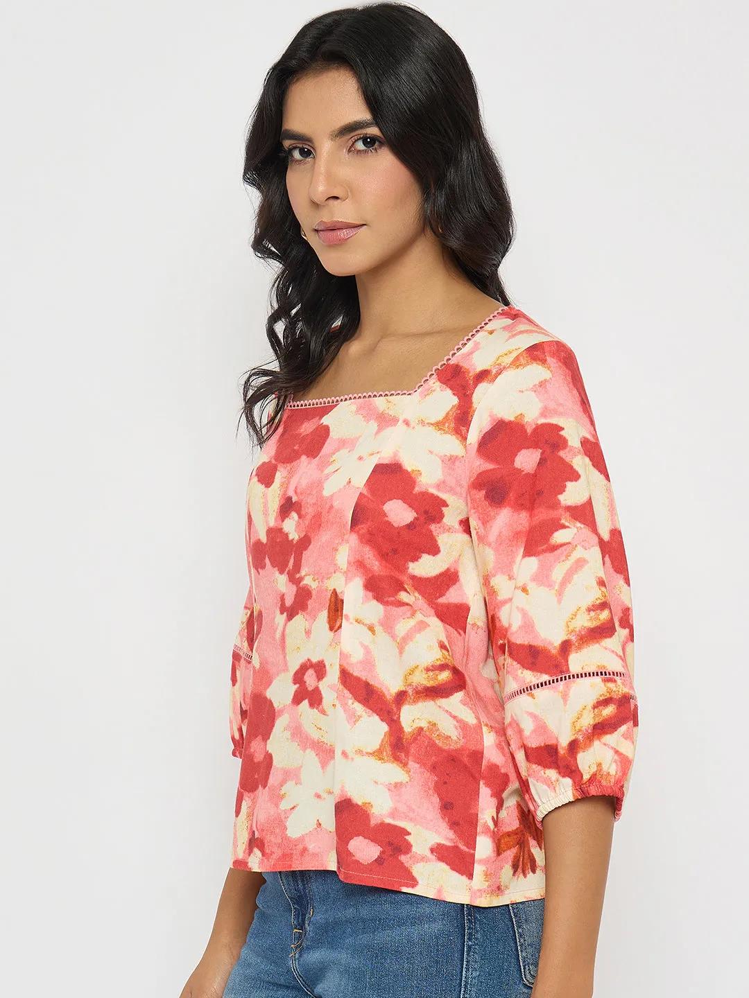 Madame Floral Print Square Neck Coral Top Game Core Nordic Light