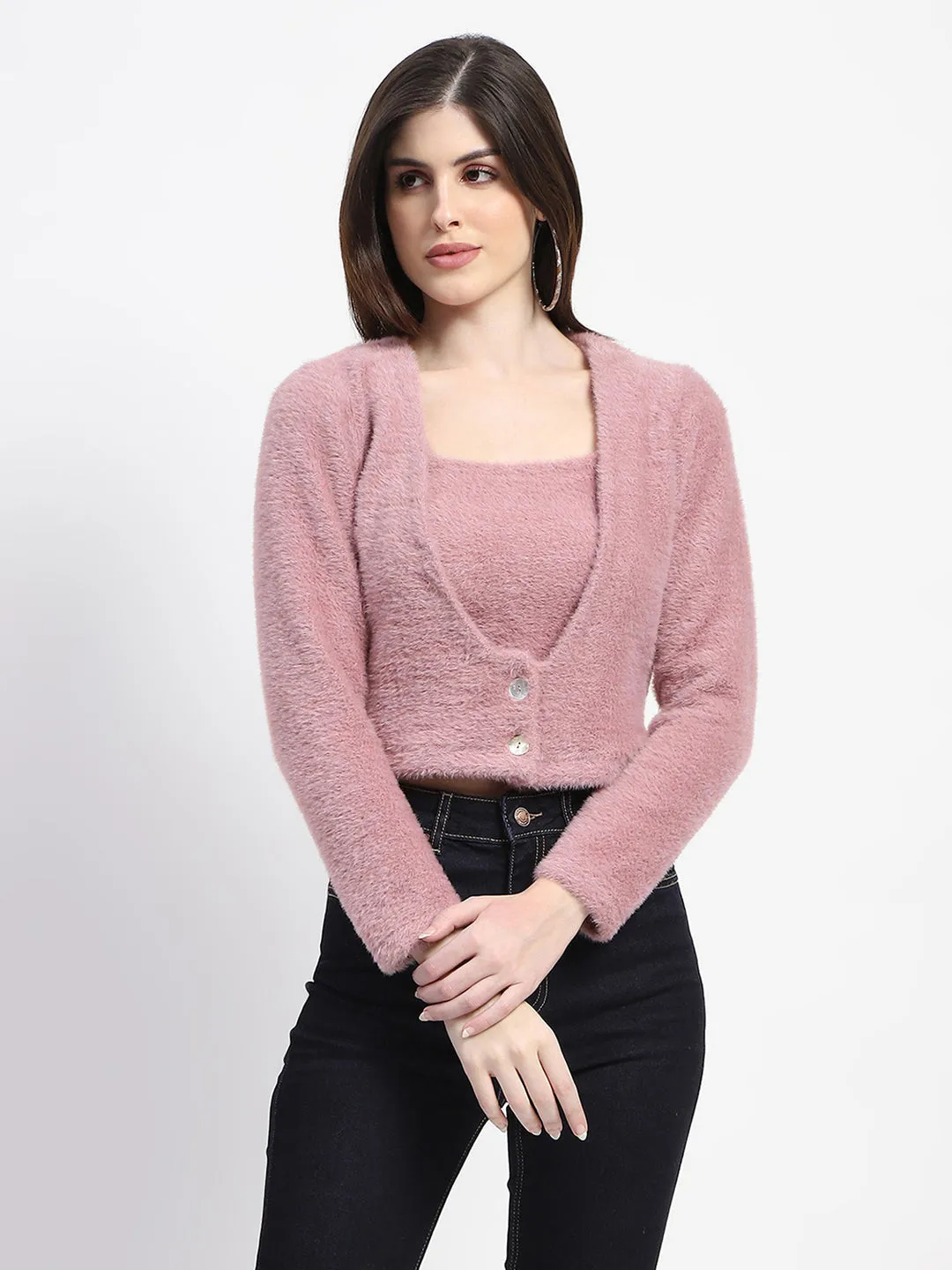 Madame V Neck Button Down Fur Shrug And Top Set All-Occasion