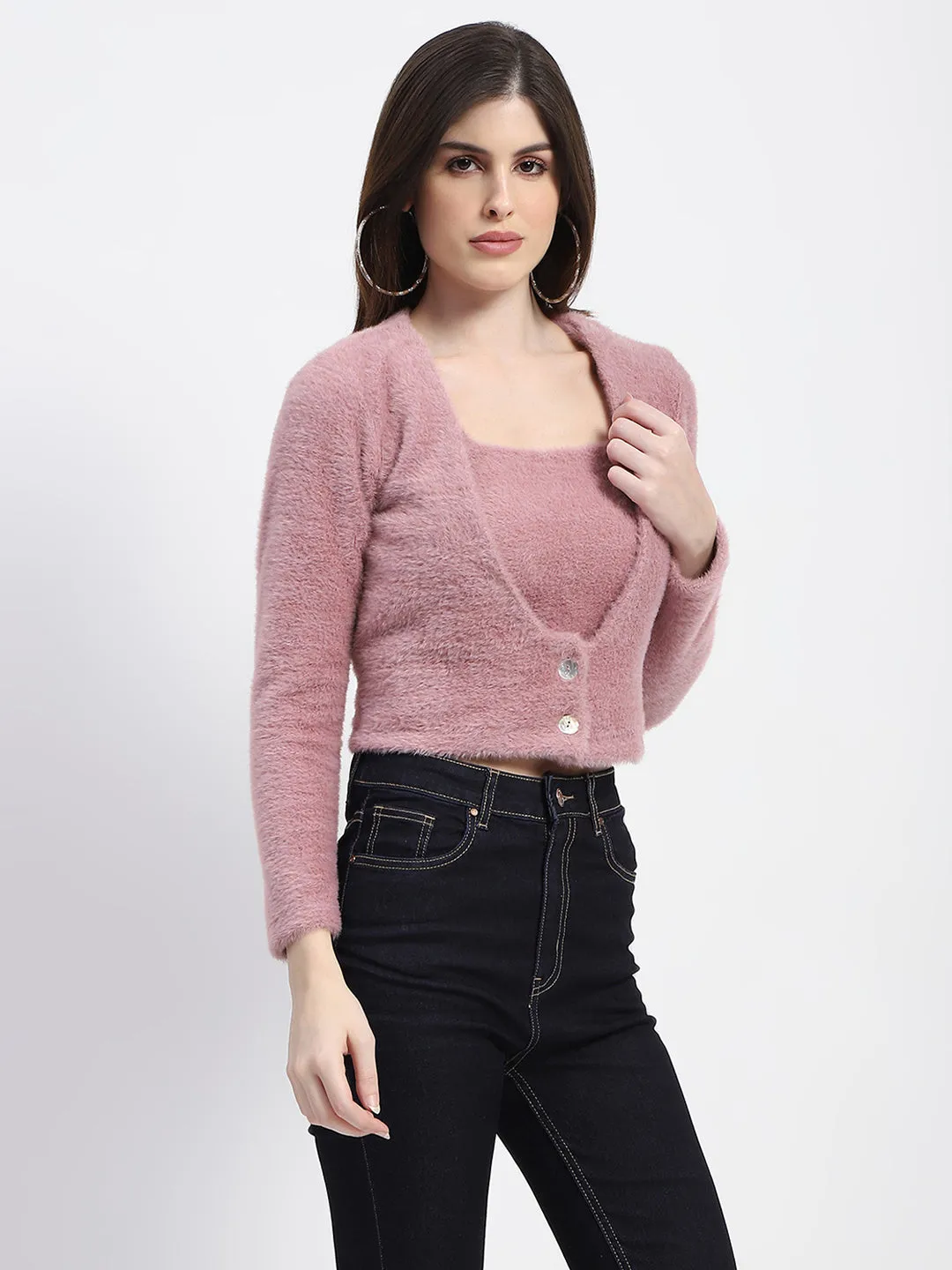 Madame V Neck Button Down Fur Shrug And Top Set Thermal Insulation Layer