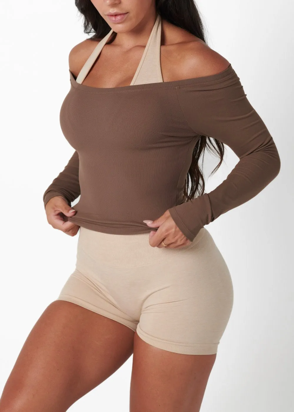 FlatlockSeaming Trendy Outerwear RIBBED OFF SHOULDER LONG SLEEVE - OAK