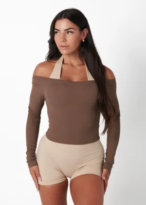 Breathable mesh FlatlockSeaming RIBBED OFF SHOULDER LONG SLEEVE - OAK