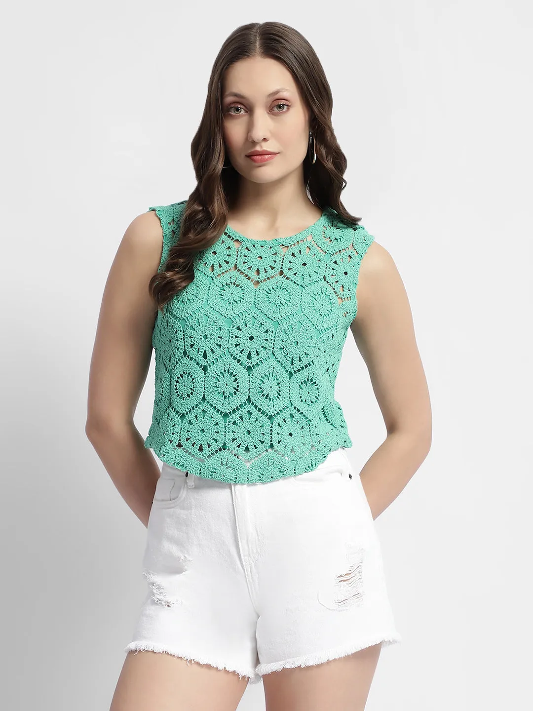 Madame Sleeveless Turquoise Green Crochet Top TemperatureRegulatingLining