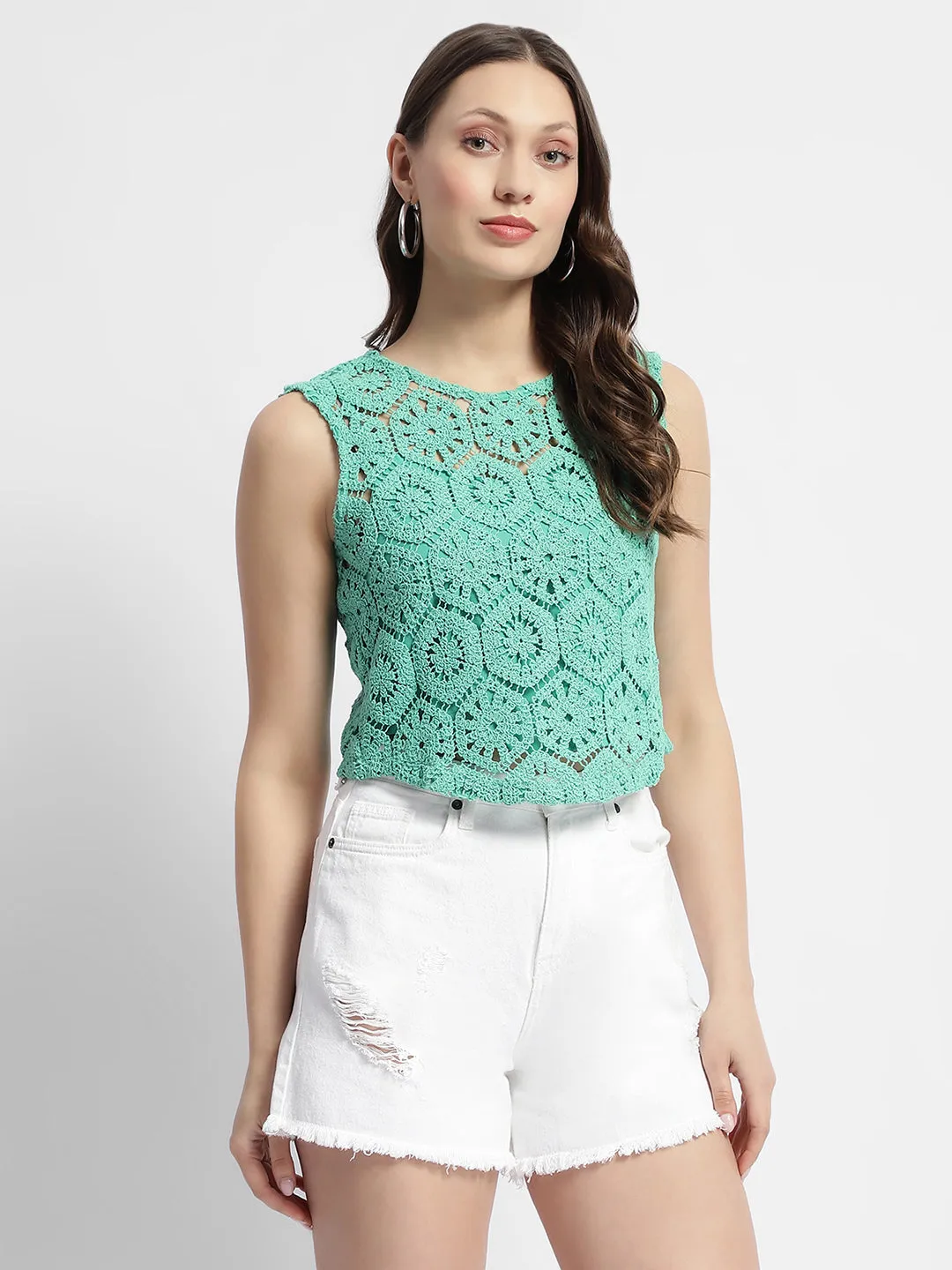 Road Look Madame Sleeveless Turquoise Green Crochet Top