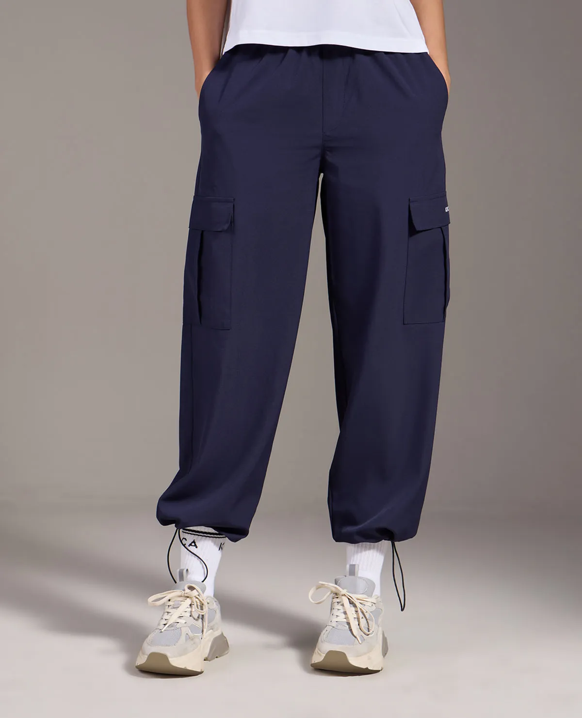 Easy Care Fabric Finish High Waist Cargo Pants In Max Dry Fabric Navy Blue