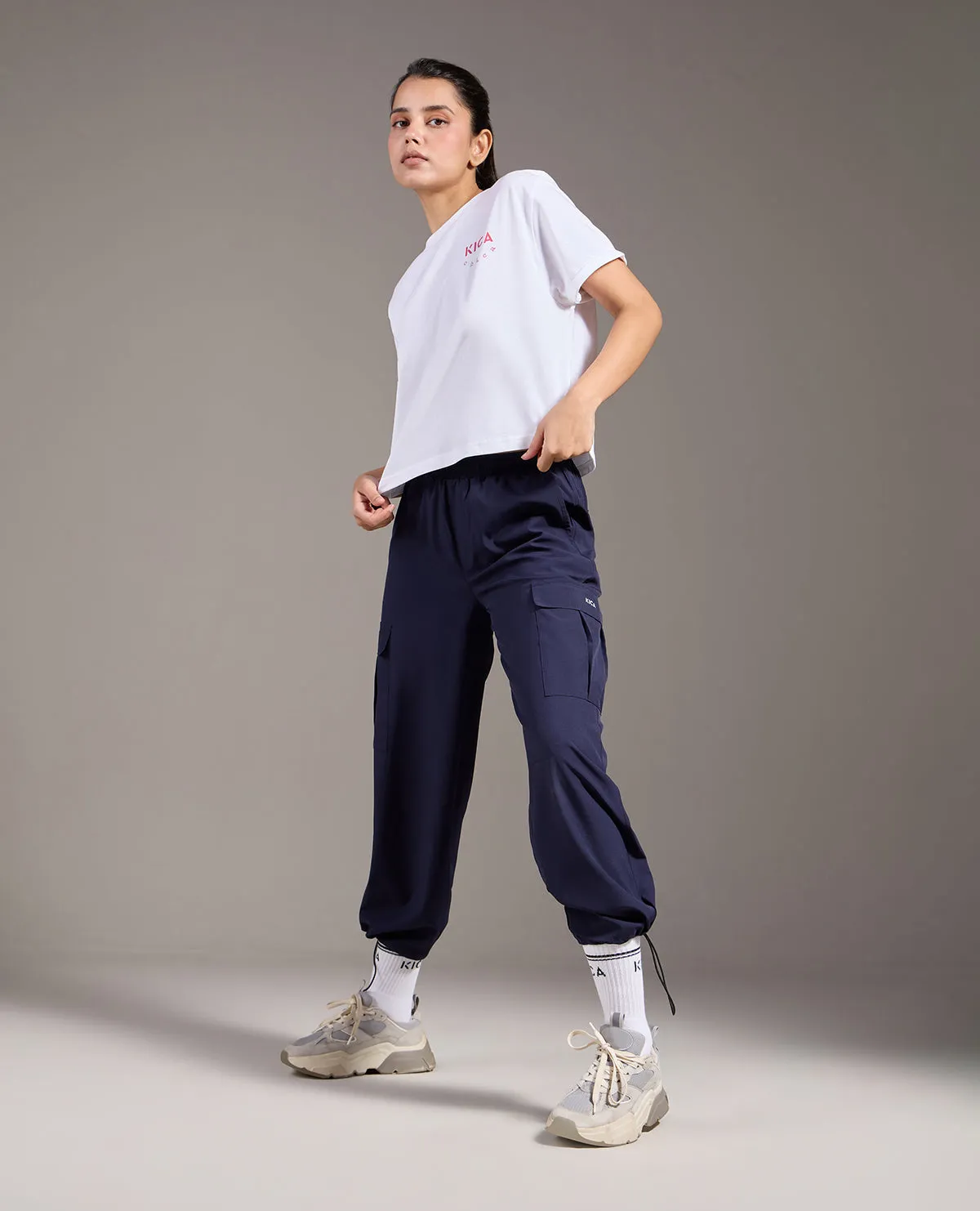 NonSlipInnerGrip High Waist Cargo Pants In Max Dry Fabric Navy Blue