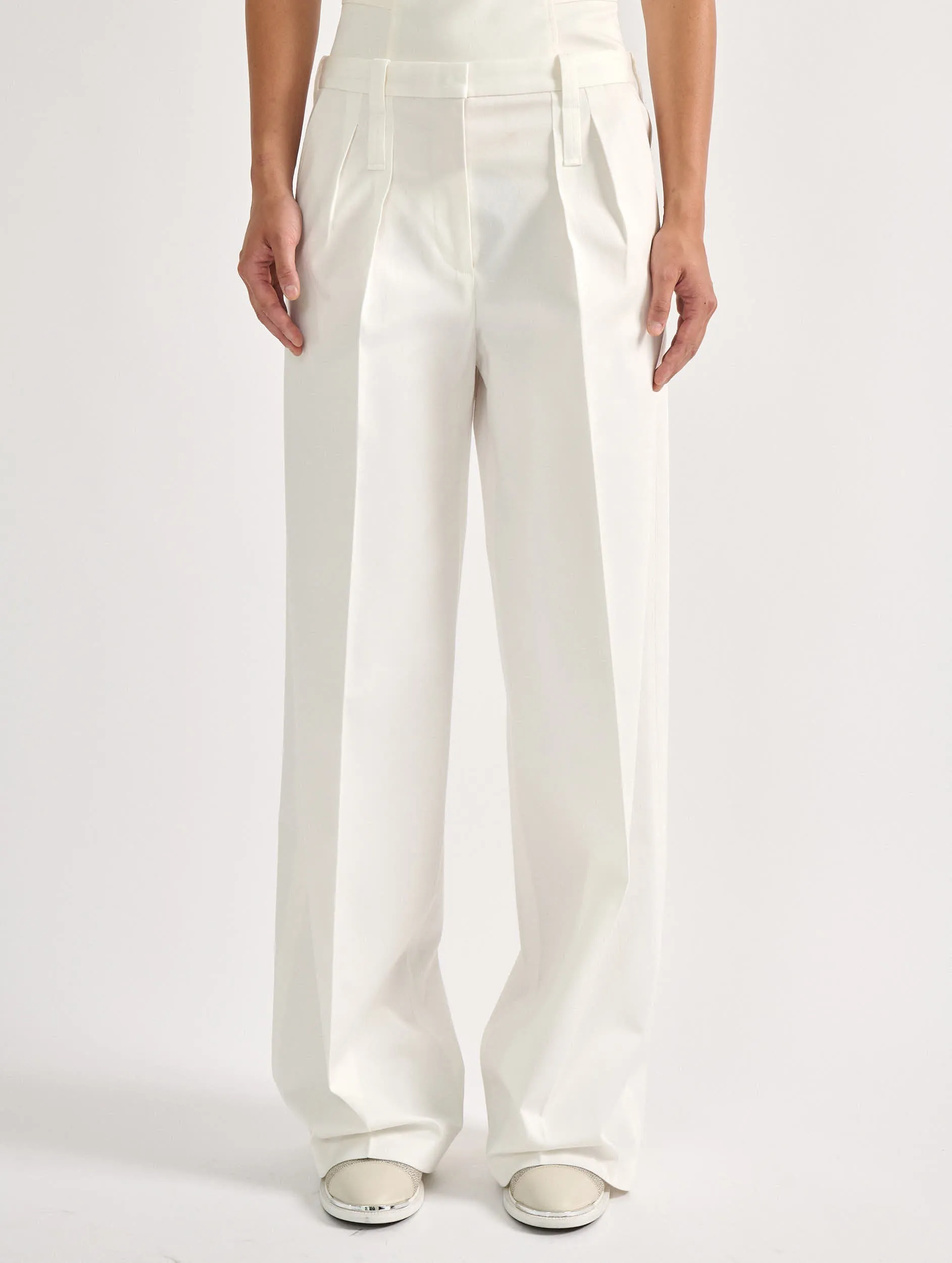 White stretch cotton gabardine wide-leg trousers quick dry