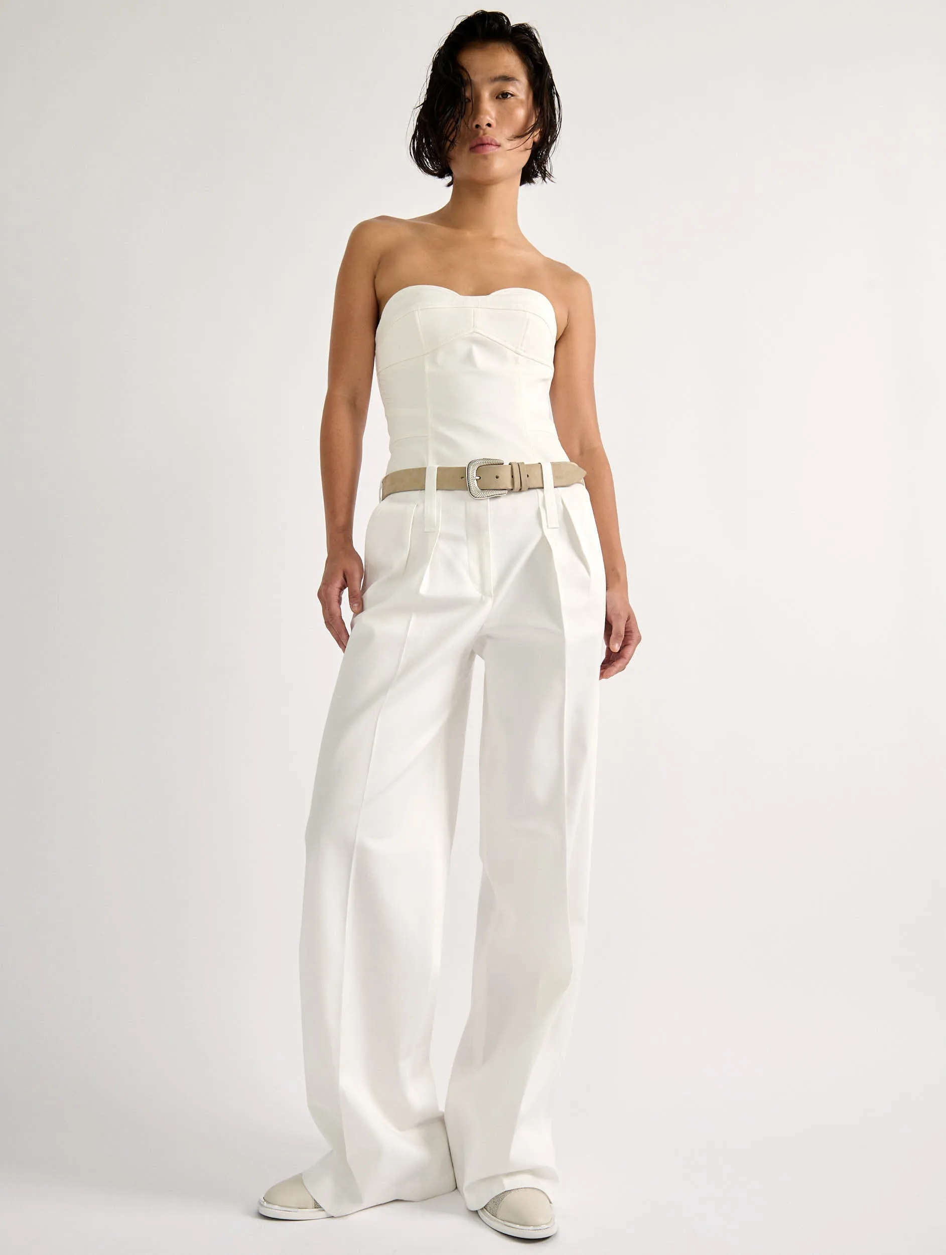 White stretch cotton gabardine wide-leg trousers Reinforced Stress Points