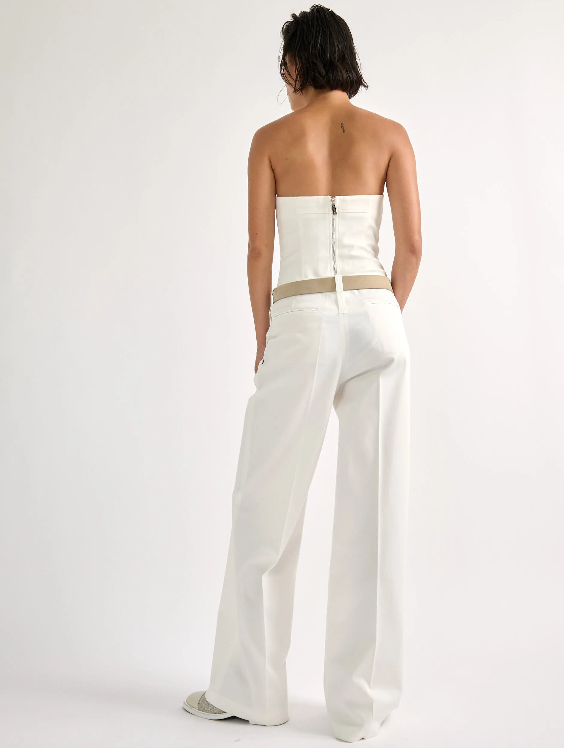 White stretch cotton gabardine wide-leg trousers Non Binding Waist SturdyBeltLoops