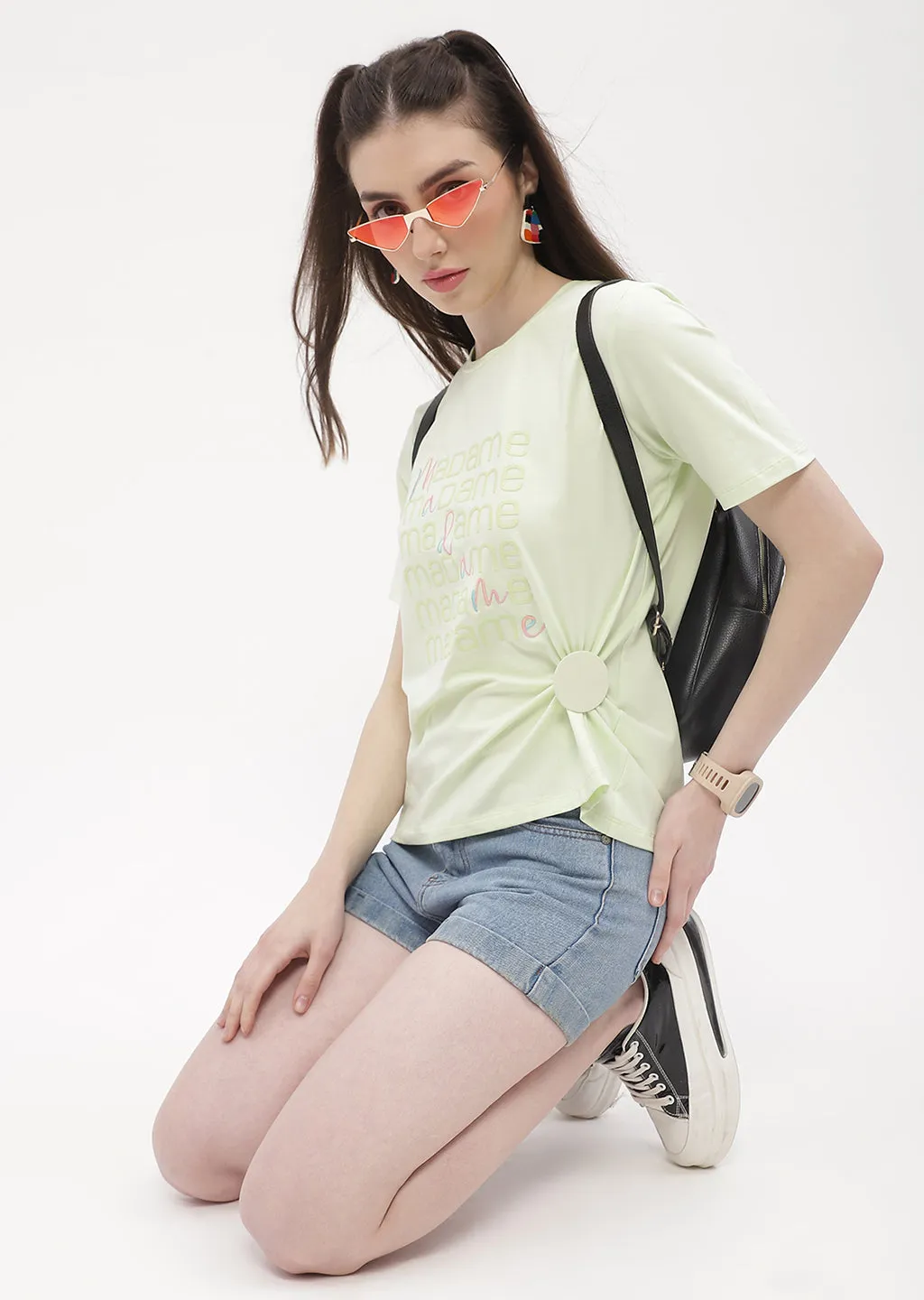 LayeredHemDetails back to school Madame Logo Print Neon Green Regular T-Shirt