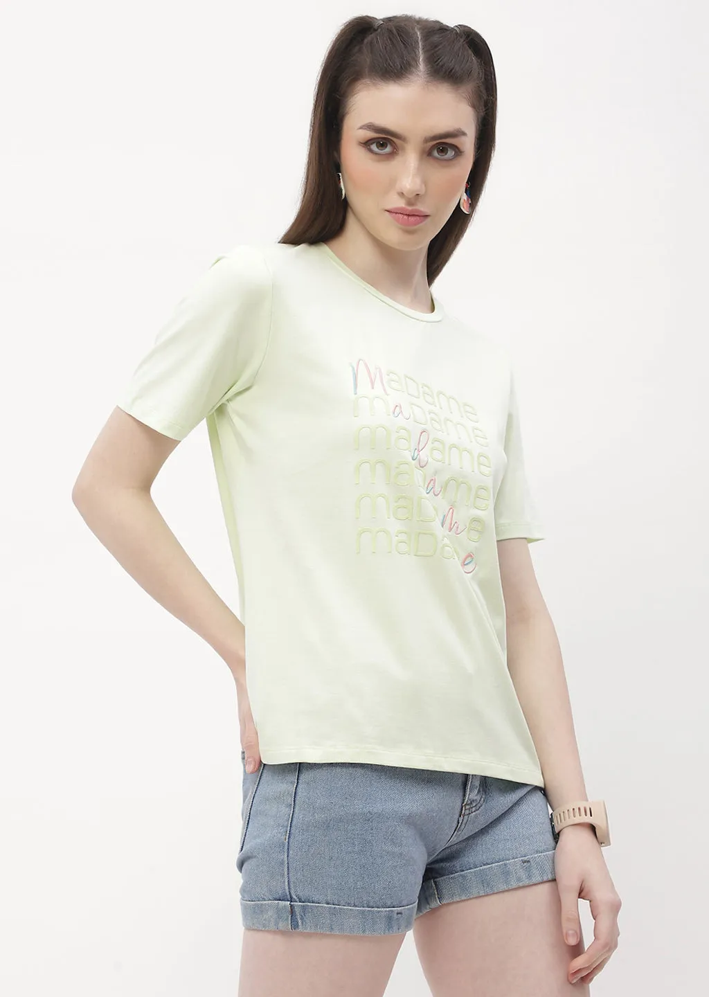 Madame Logo Print Neon Green Regular T-Shirt Fashionable Fit Outdoor Trend Look