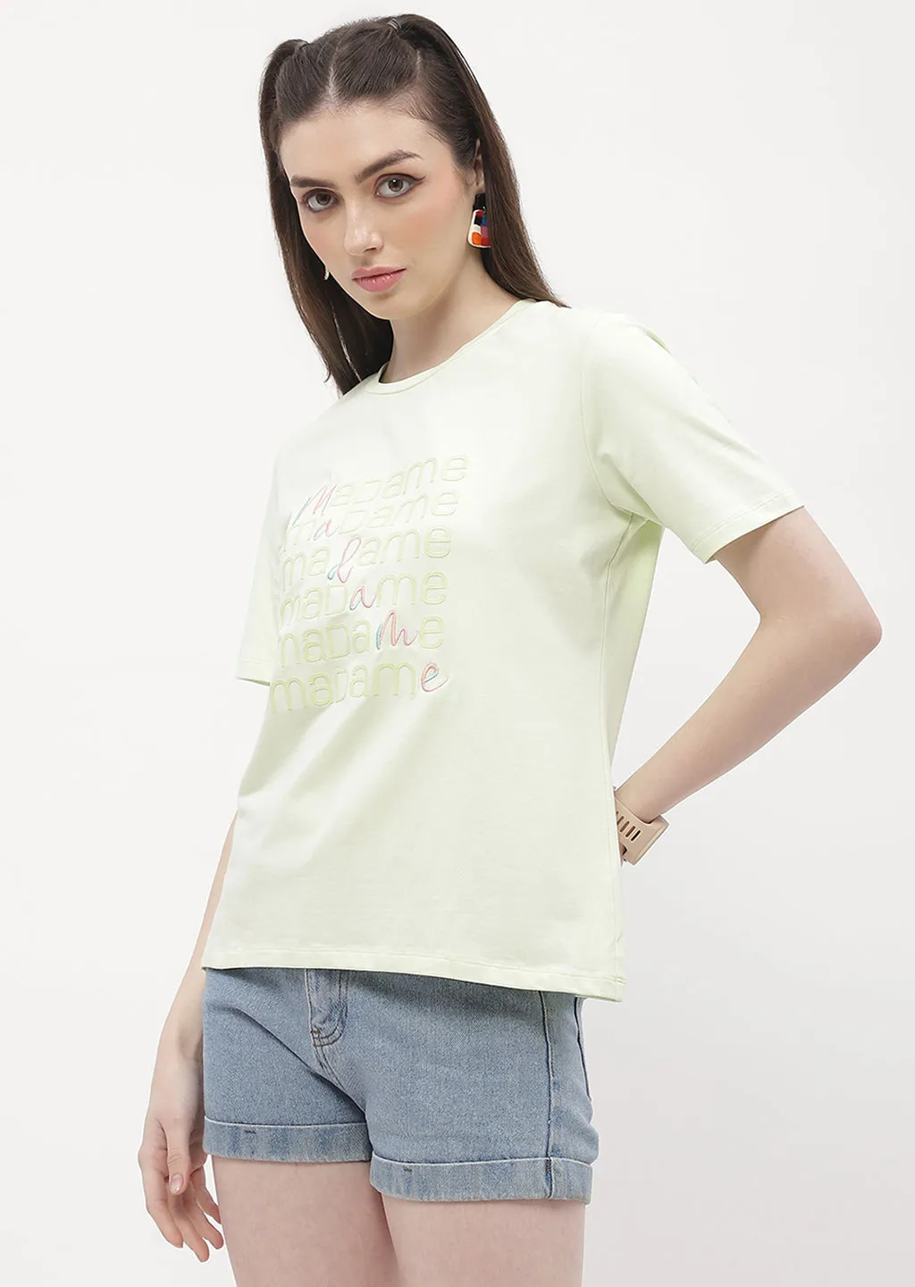 Trendy Wear Madame Logo Print Neon Green Regular T-Shirt
