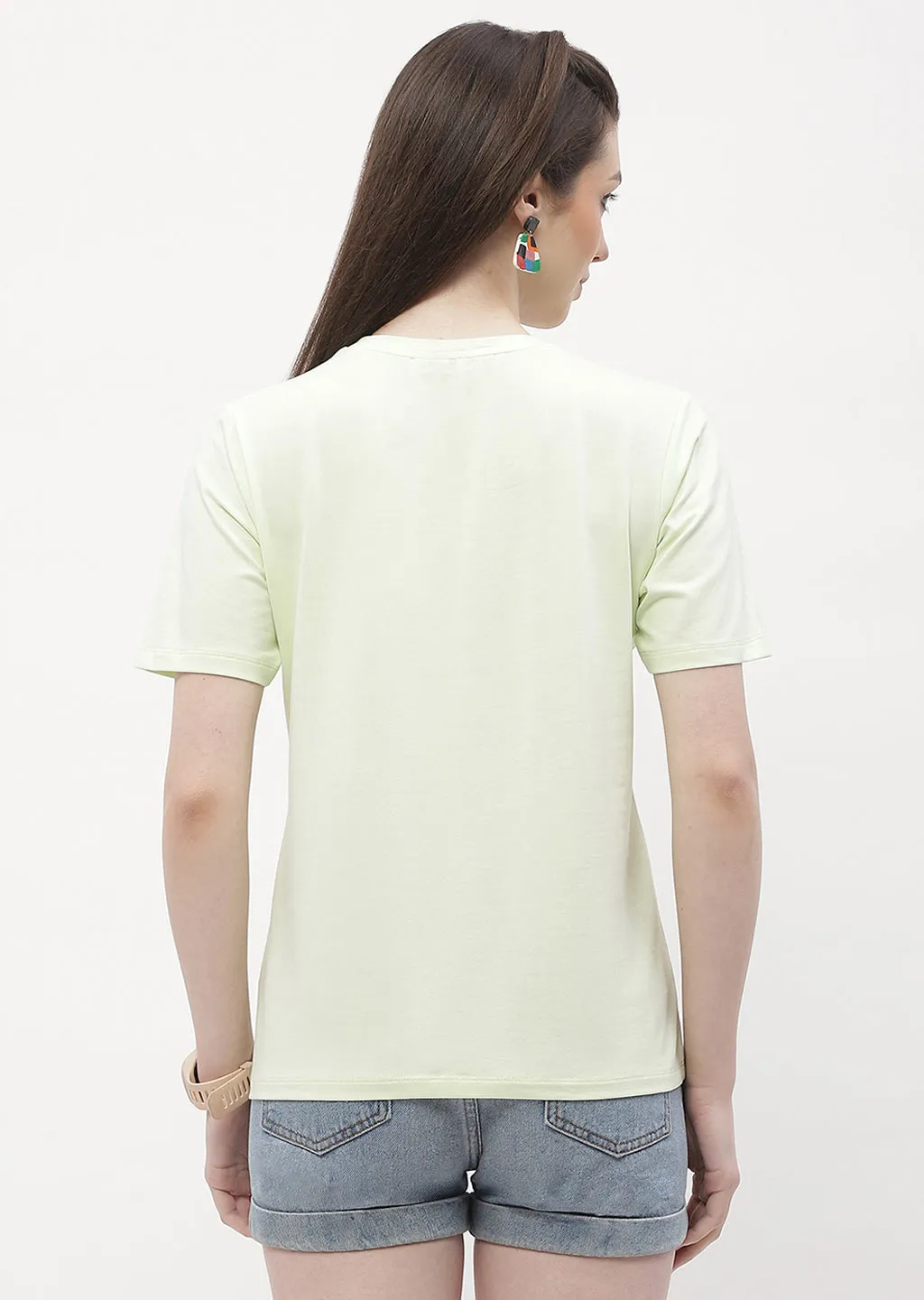 Madame Logo Print Neon Green Regular T-Shirt Layered Sleeve Daily Fashion