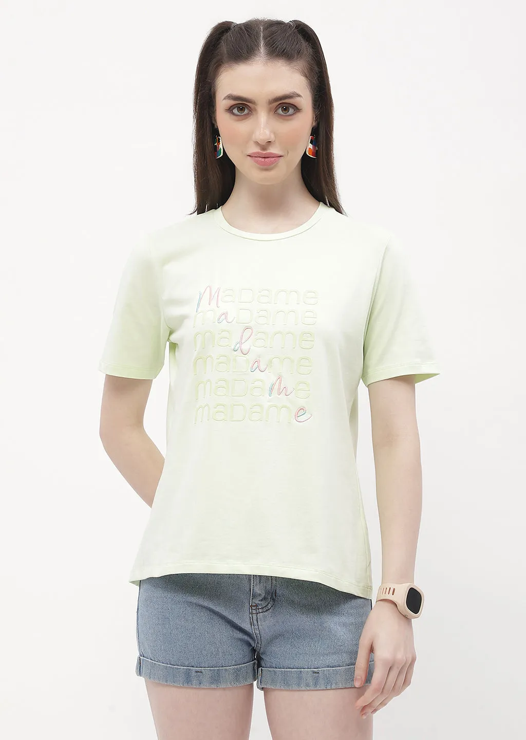 simple design Double Stitched Seams Madame Logo Print Neon Green Regular T-Shirt