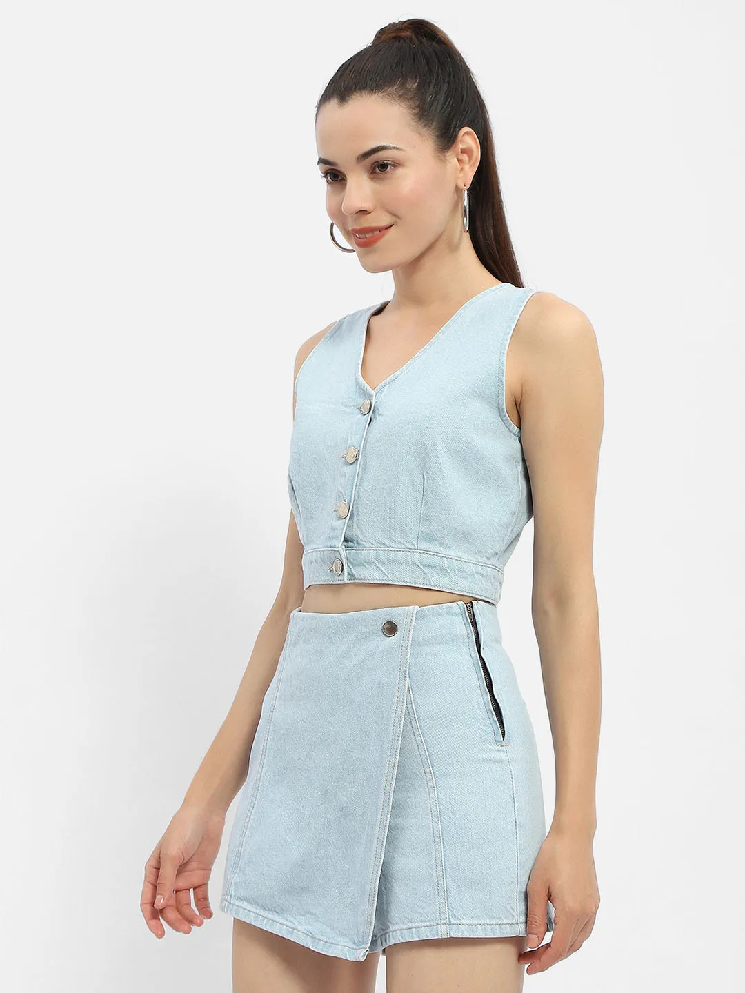Boss Vibe Madame V-Neck Light Blue Denim Crop Top