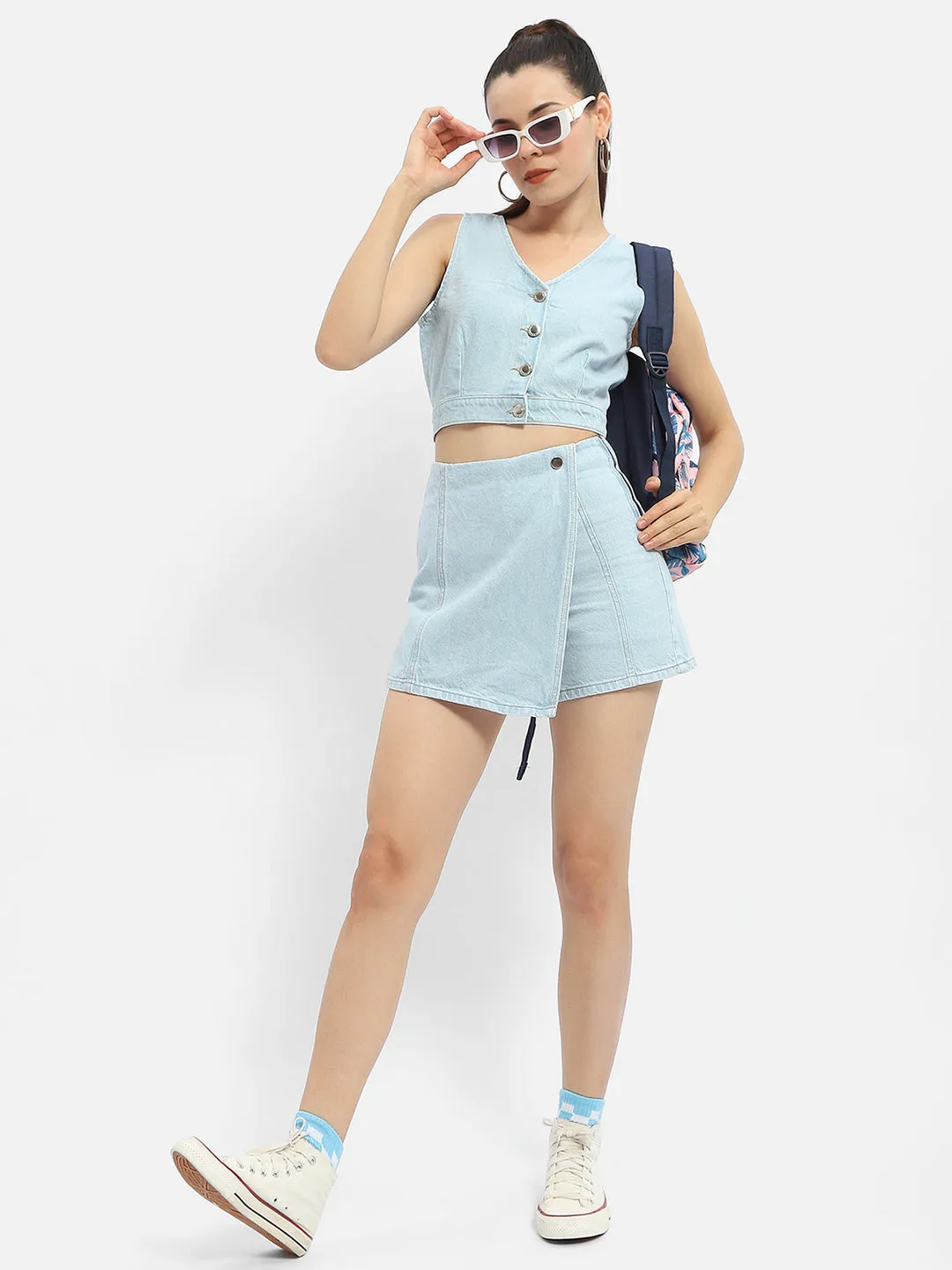Madame V-Neck Light Blue Denim Crop Top Breathable Lining AllSeasonWear