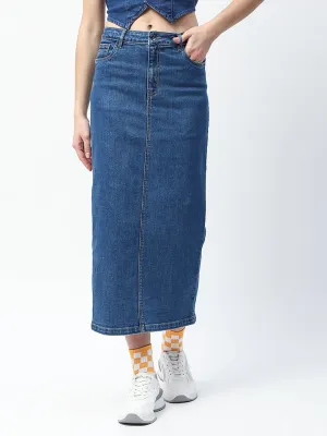 retro look Madame Solid Mid Blue Cotton Blend Maxi Denim Skirt