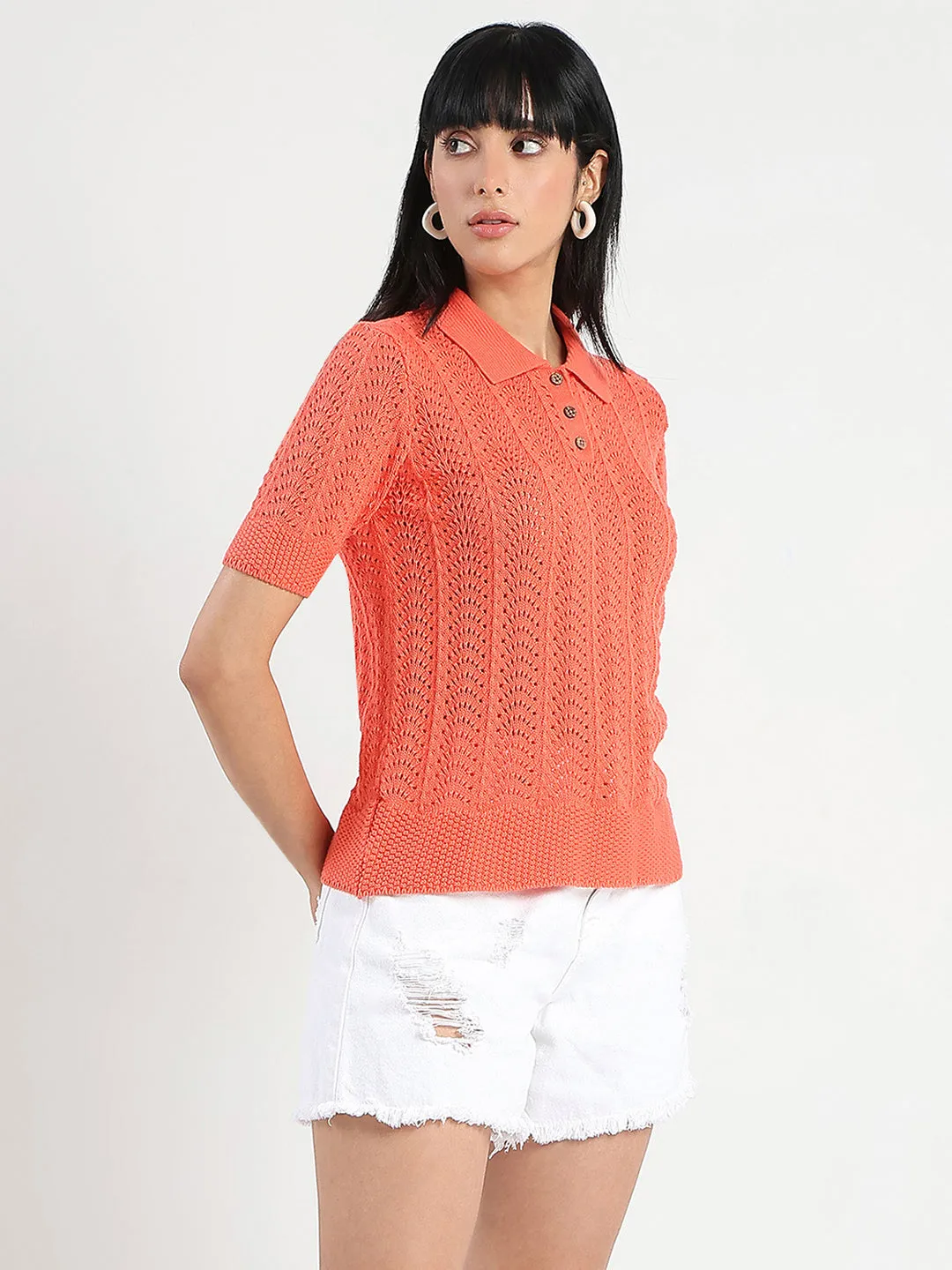 Sharp Cut ZeroWaste Production Madame Openwork Detail Textured Coral Orange Cotton Knitted Top