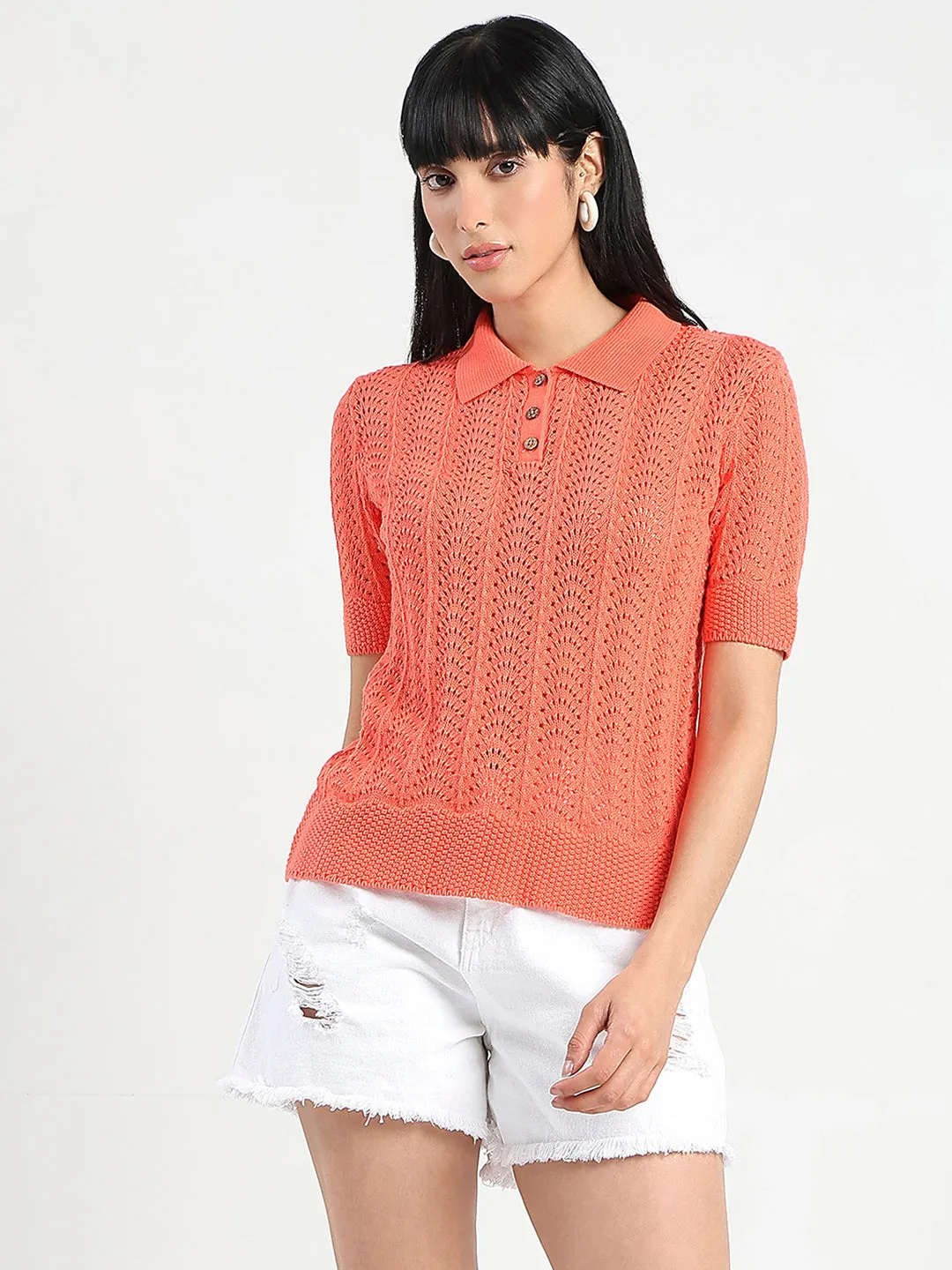 Madame Openwork Detail Textured Coral Orange Cotton Knitted Top ShockAbsorbent Padding Boho Light