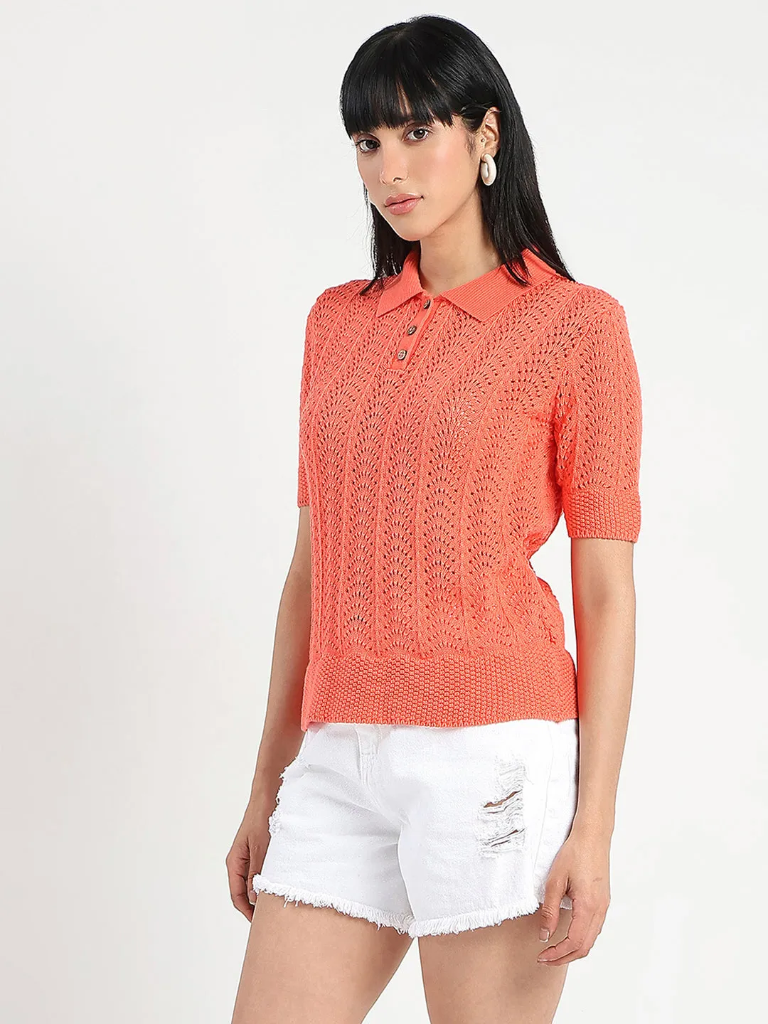 Unique Cut Madame Openwork Detail Textured Coral Orange Cotton Knitted Top