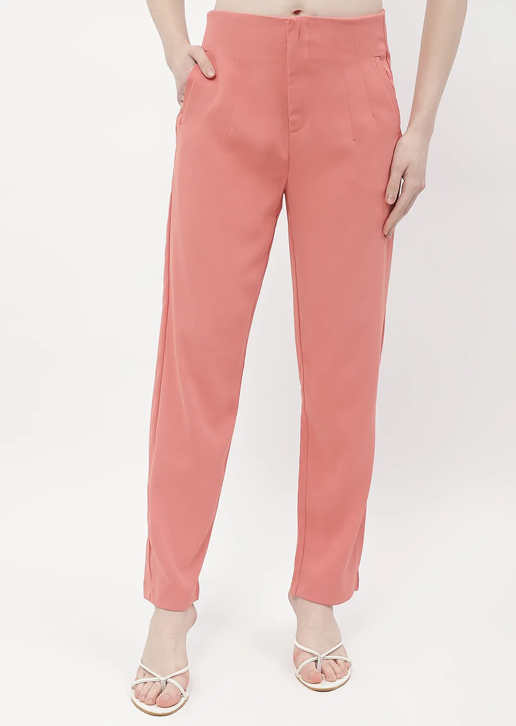 Madame Front Pleated Blush Orange Tapered Trousers Casual Comfort Fit