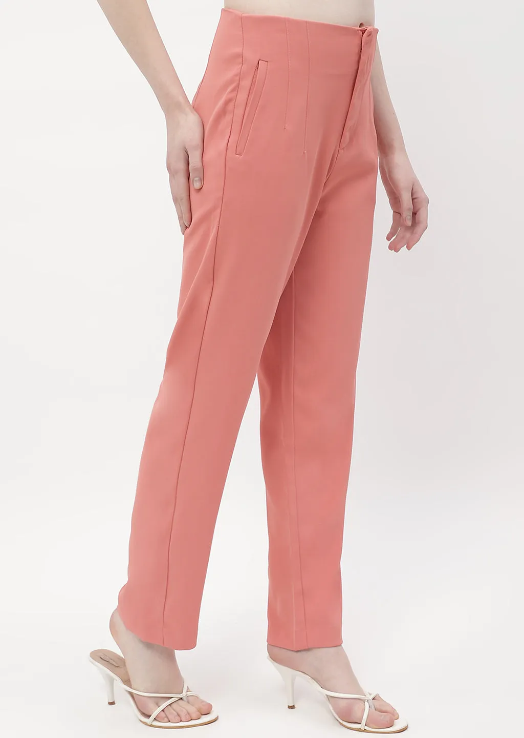Flattering Design Outdoor Friendly Madame Front Pleated Blush Orange Tapered Trousers