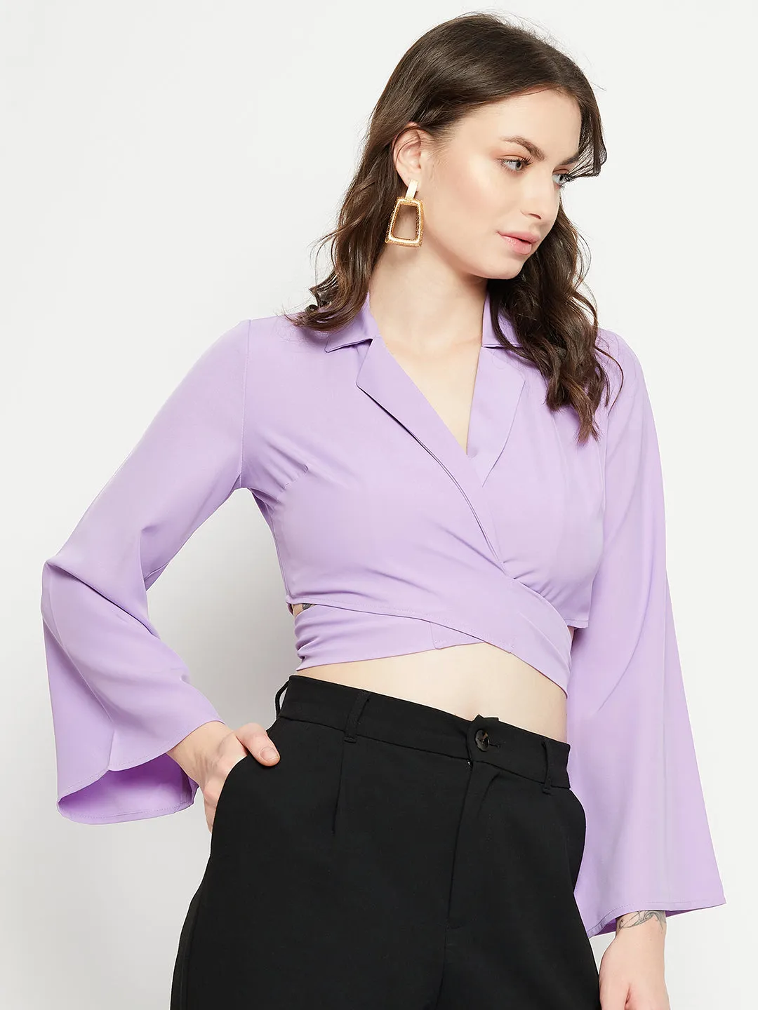 Madame Lilac Tie-Back Crop Top FlexibleCollarDesign Thermal Insulation Layer