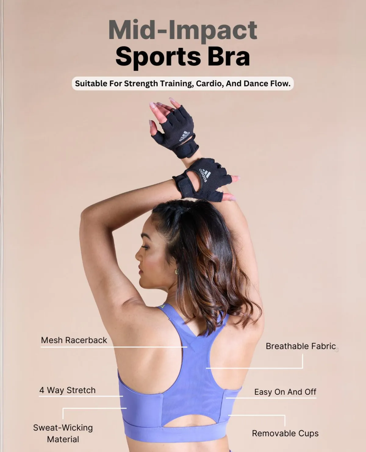 Women Mid Impact Zip Sports Bra with Removable Pads Wear alone