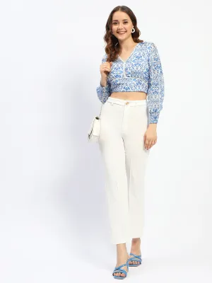 FrictionResistantFabric Camera Glow Madame Abstract Print Lace Detailed V Neck Blue Cotton Top