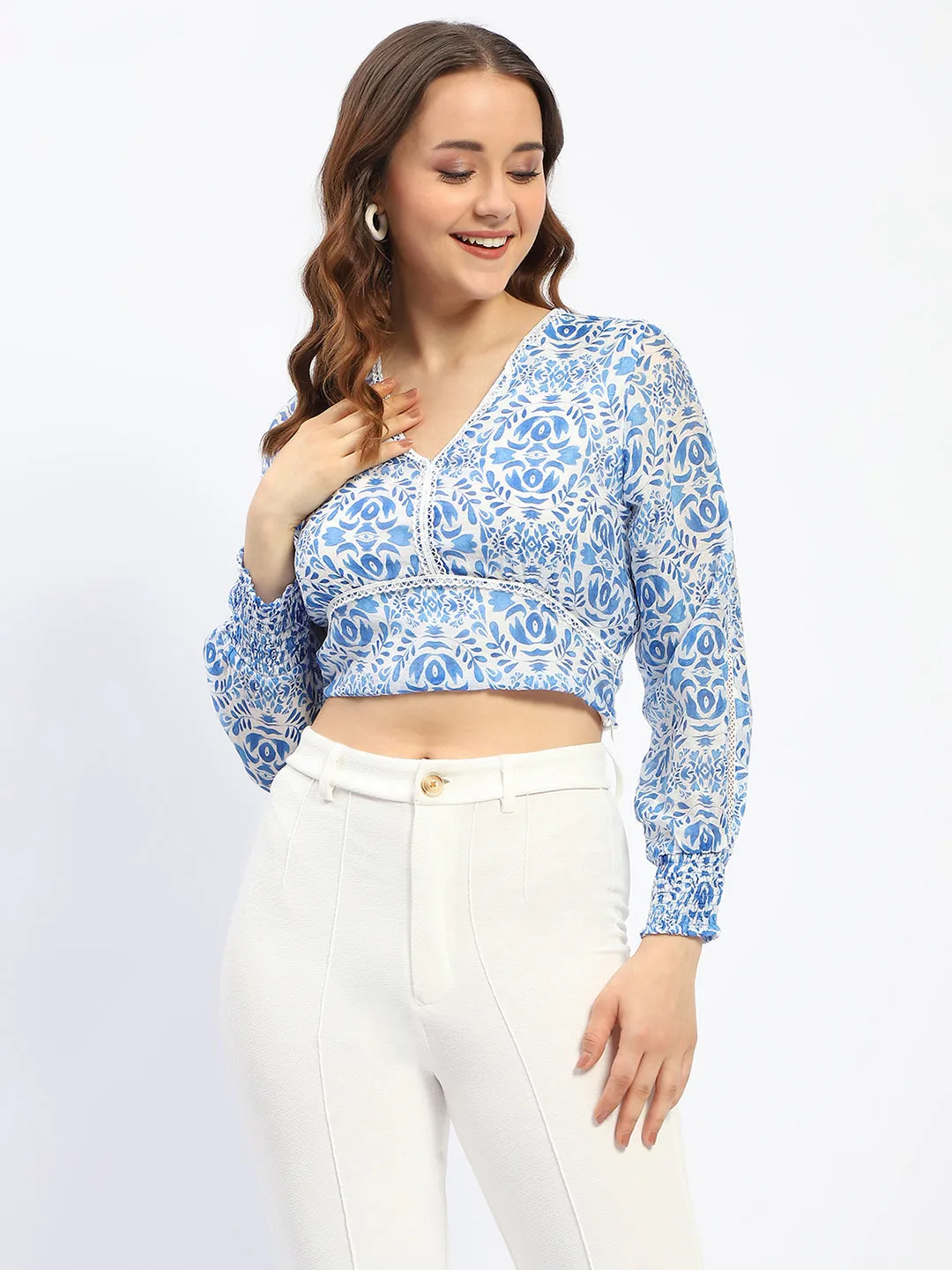 NonRestrictive Cut Madame Abstract Print Lace Detailed V Neck Blue Cotton Top