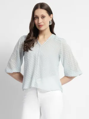 Music Mood Madame Puffed Sleeve Dobby Sky Blue Top