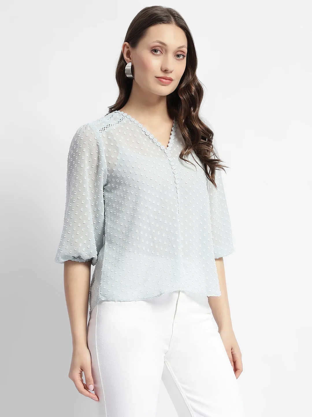 Pure Tone Trend Glow Madame Puffed Sleeve Dobby Sky Blue Top