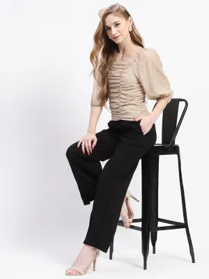 Madame Beige Ruched Top with Puff Sleeves Recycled Polyester Blend
