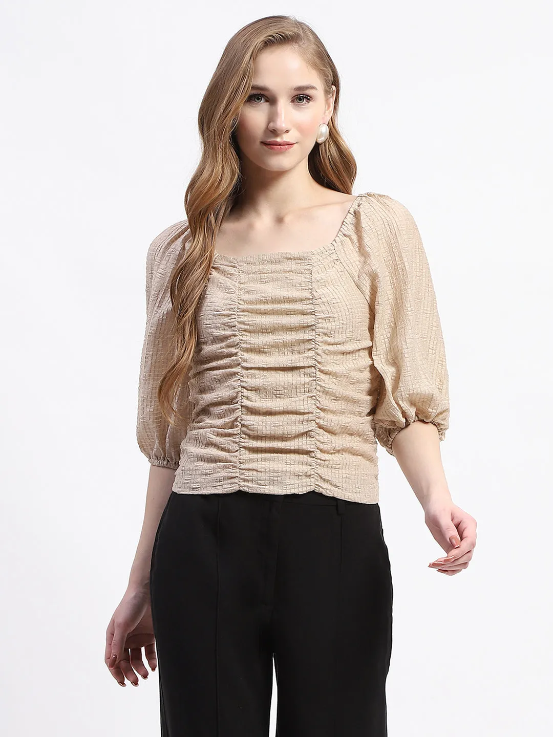 Madame Beige Ruched Top with Puff Sleeves Cozy Jacket