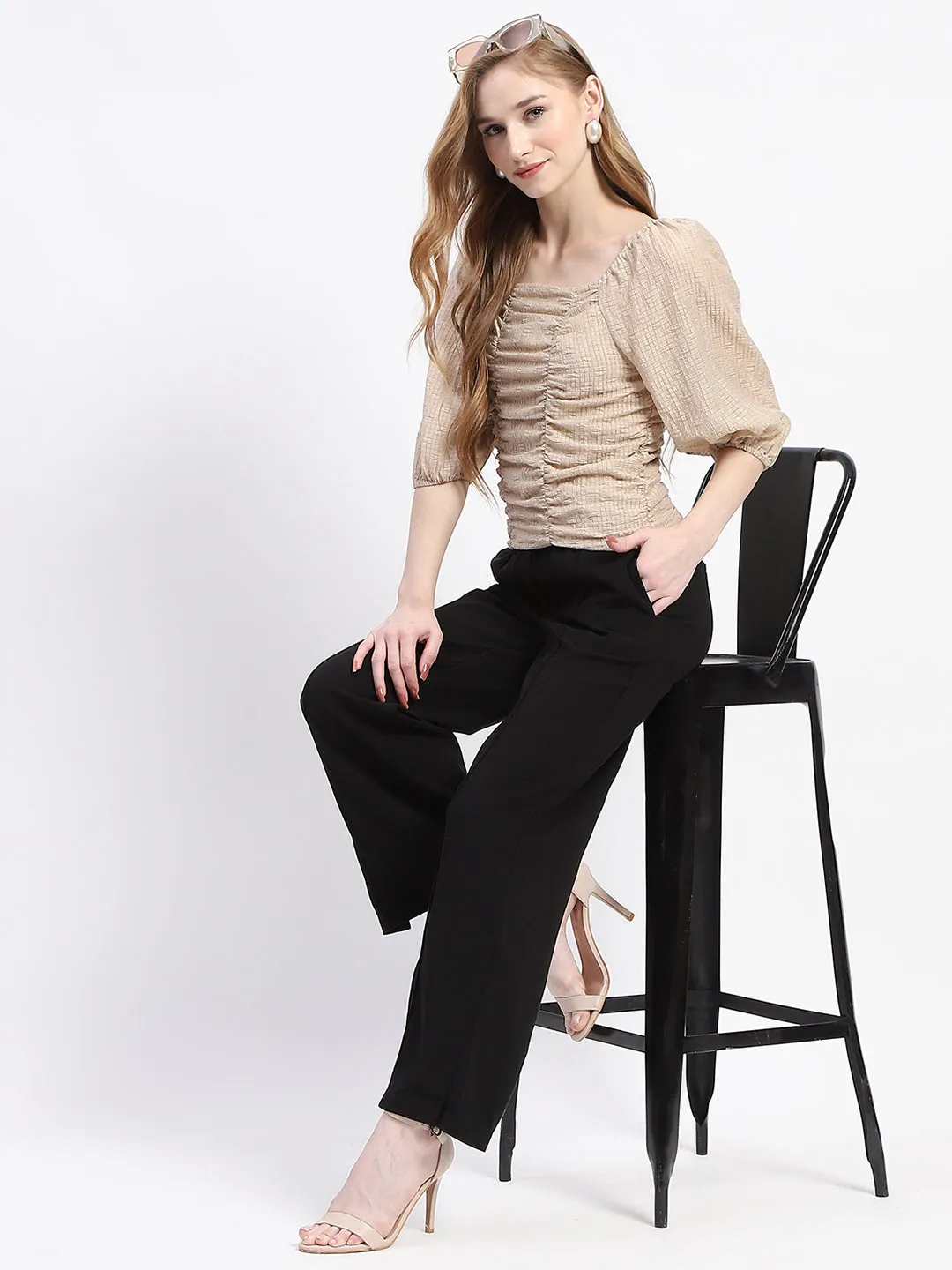 Madame Beige Ruched Top with Puff Sleeves Recycled Polyester Blend