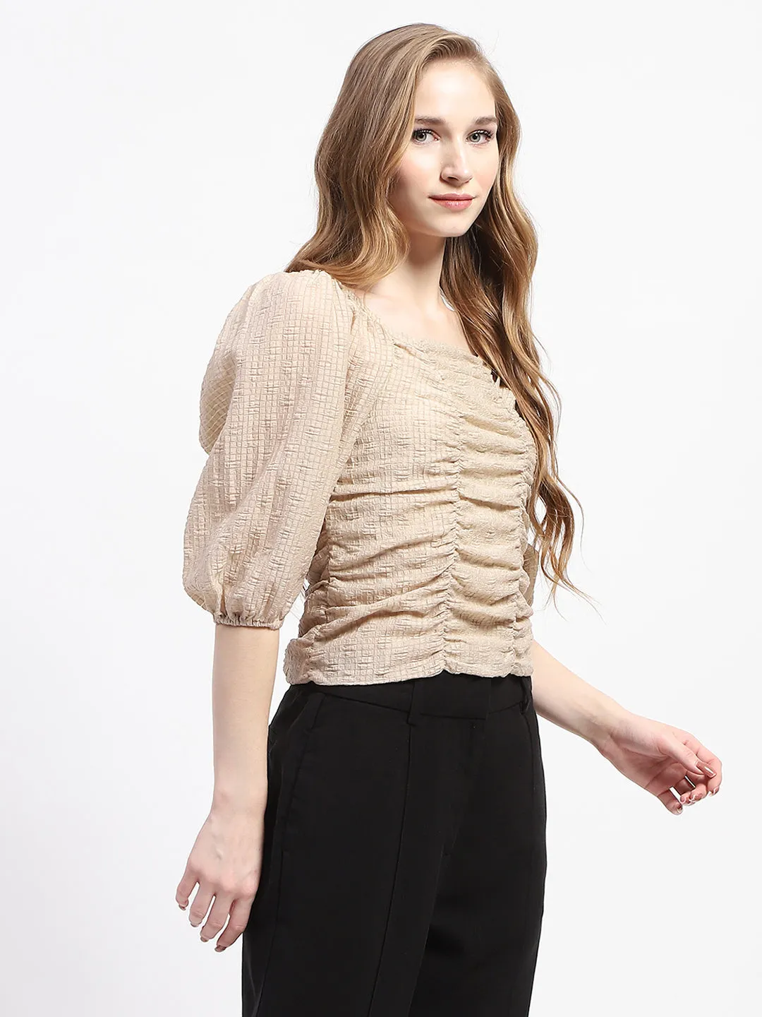 Madame Beige Ruched Top with Puff Sleeves ThermalRegulation EasyAdjustStraps