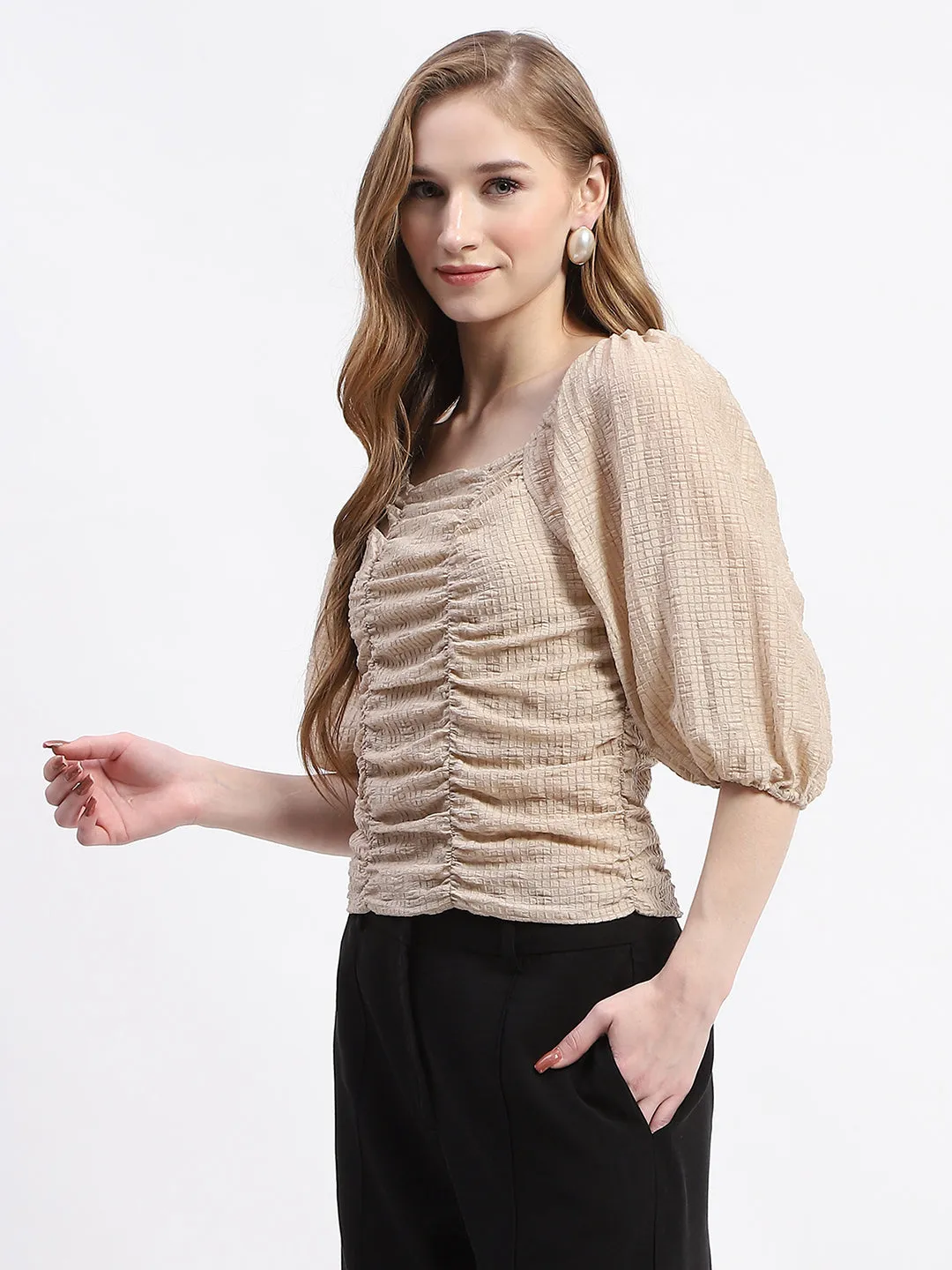 Madame Beige Ruched Top with Puff Sleeves PreShrunk Cotton Essential Tee