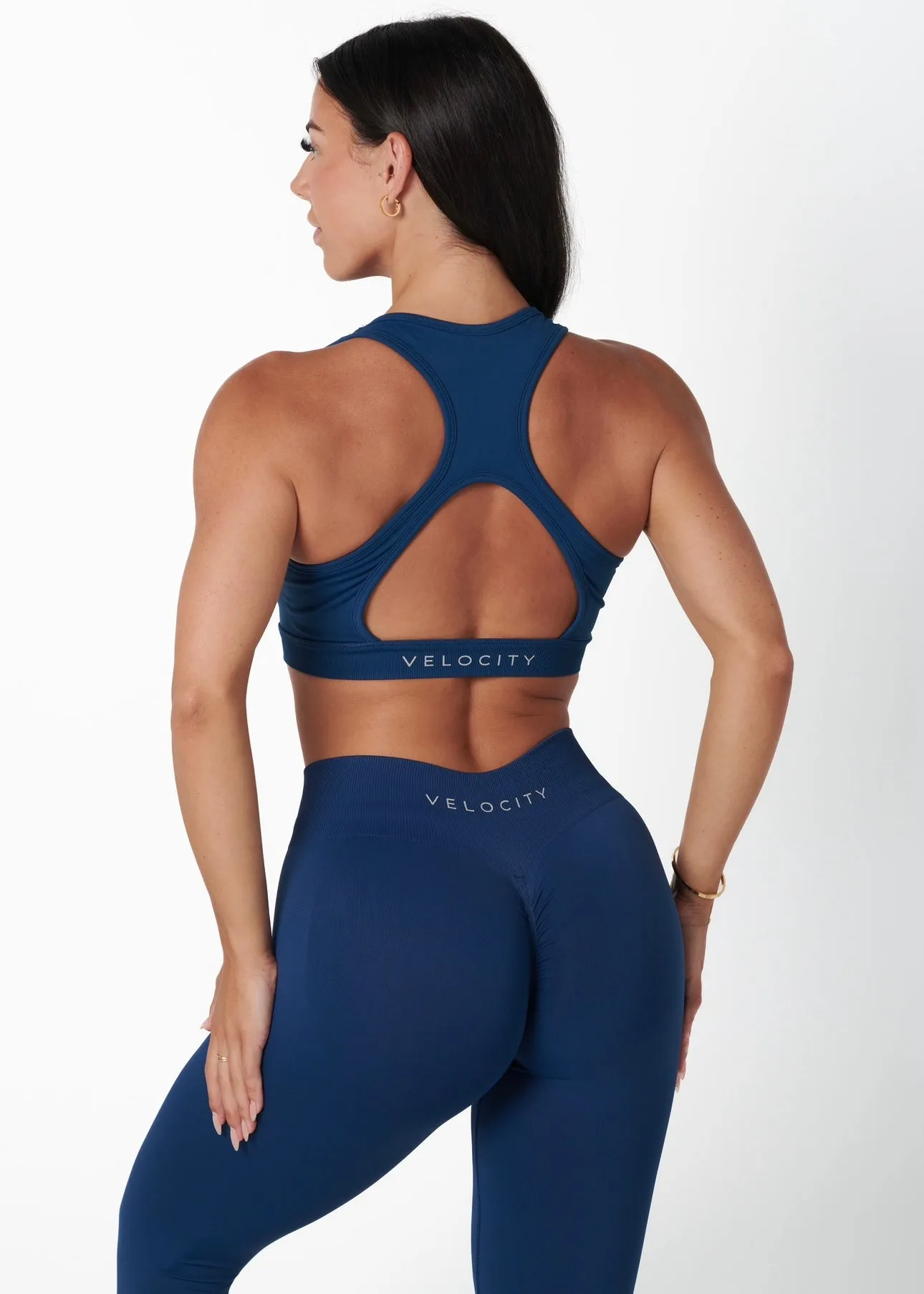 SIGNATURE SPORT BRA - DEEP BLUE Compression fabric Halter neck seams