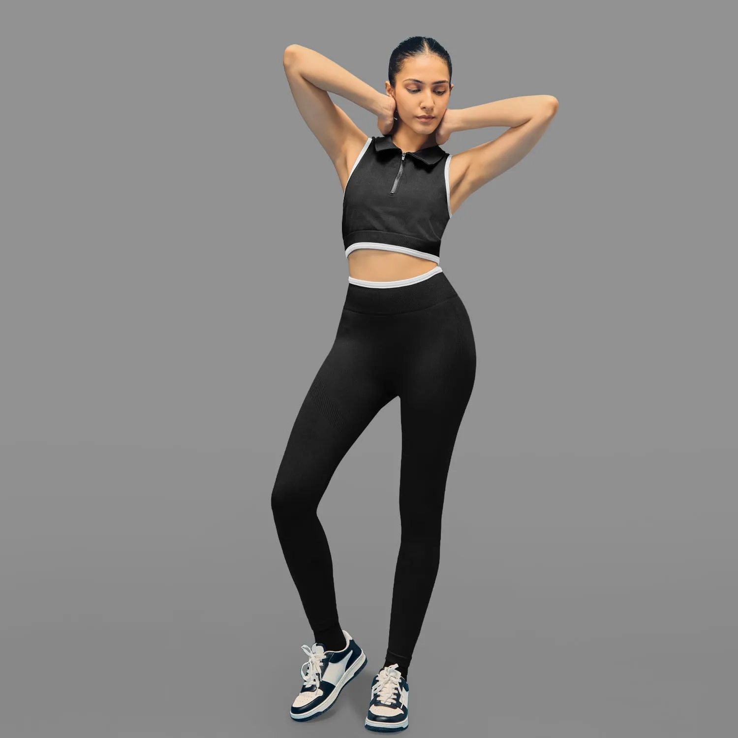 Shape Control Flexible Fitwear Limitless snatched Ribbed waistband jacquard pattern legging - BLACK