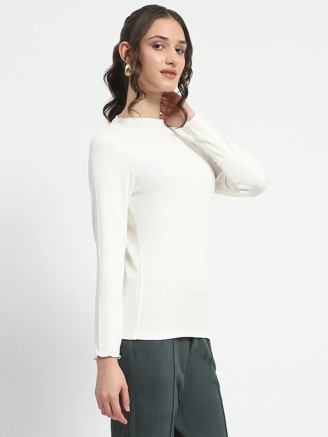 Madame High Neck Full Sleeve Solid White Top SoftTouchFinish