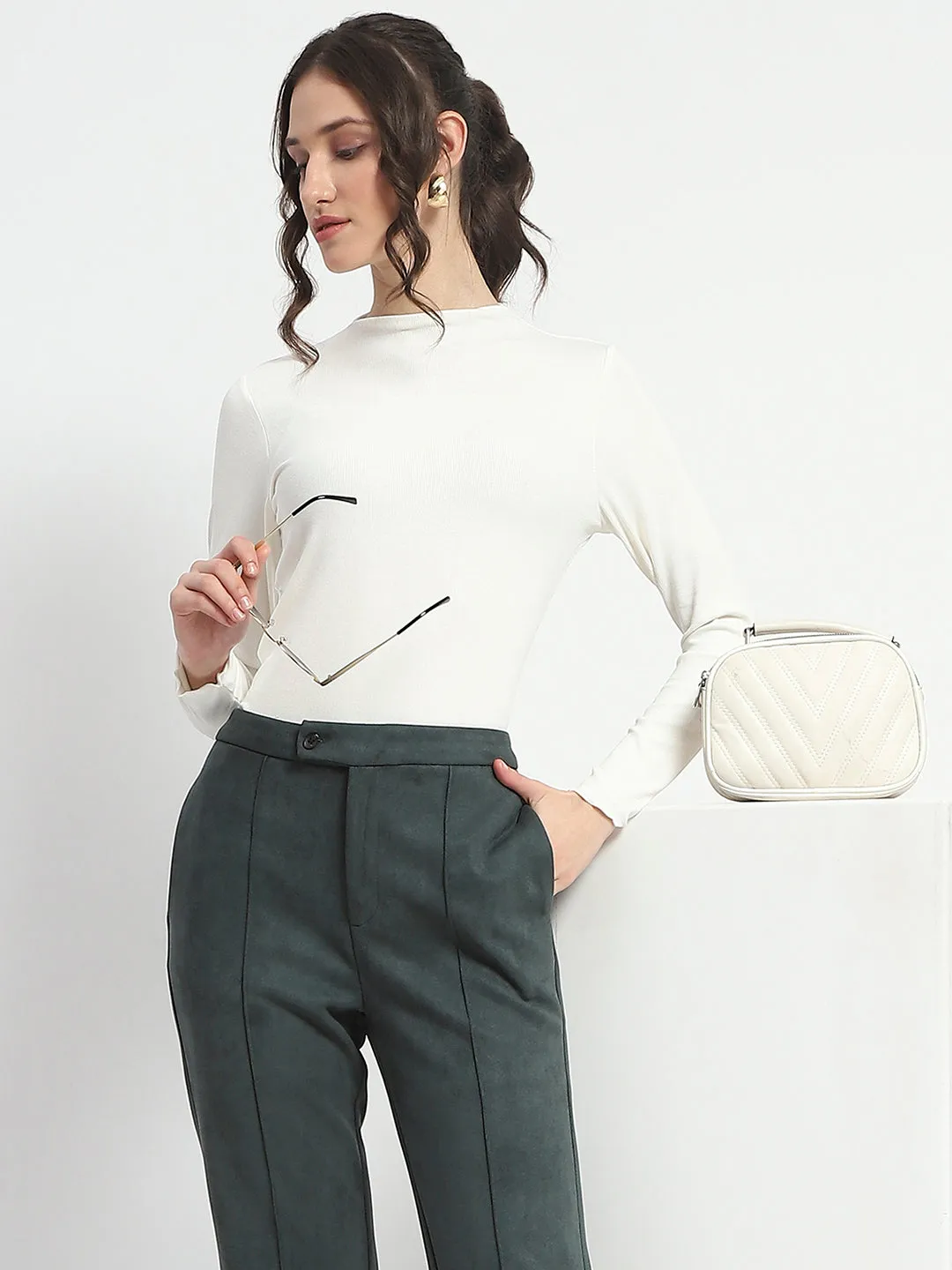 Screen Core Madame High Neck Full Sleeve Solid White Top
