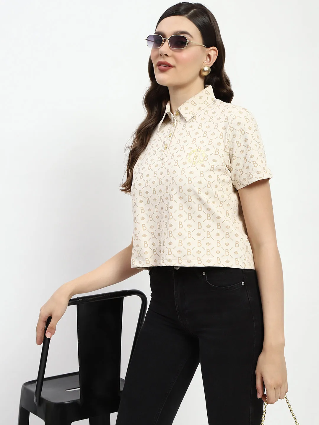 Trend Glow Madame Bridgerton Beige Cotton Polo Top