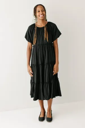 Metallic Finish Foldable Design 'Josephine' Textured Tiered Midi Dress in Black Comfortable Flow