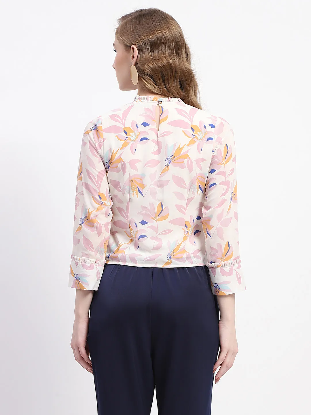 Casual Wear NonChafingEdges Madame Floral Print Off-White Mock Neck Top
