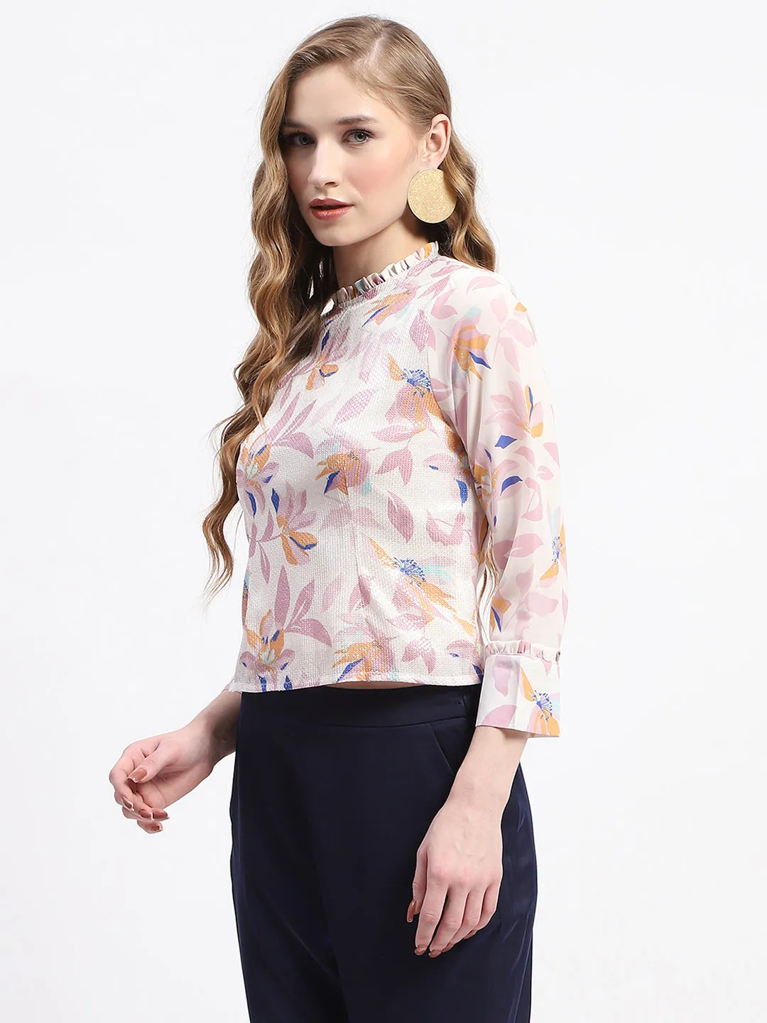 Casual Polo Simple Top Madame Floral Print Off-White Mock Neck Top
