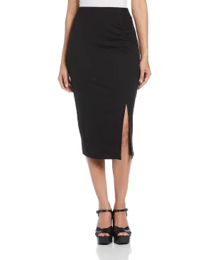 Ponte Knit Ruched Front Pull-On Skirt Minimal Style Subtle Shimmer
