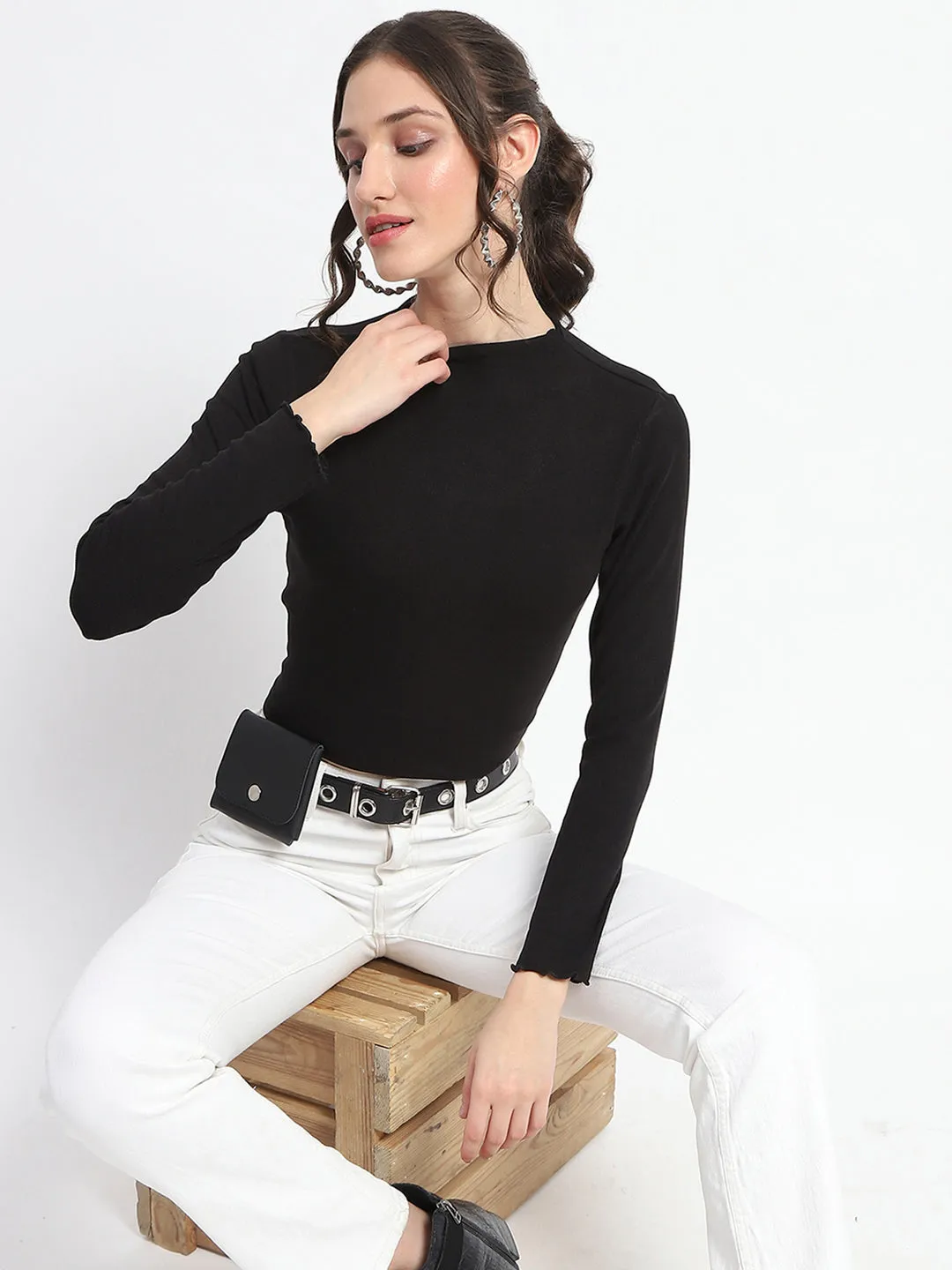 Madame High Neck Full Sleeve Solid Black Top Champion Glow